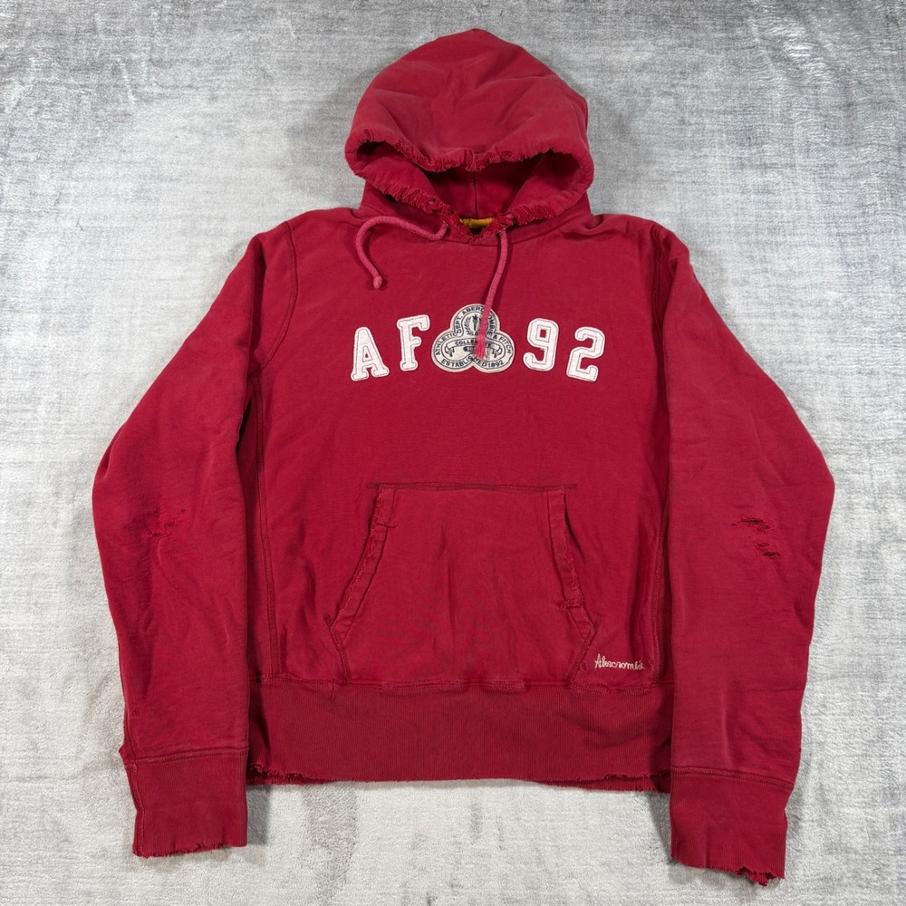 Abercrombie & Fitch Sweatshirt Mens Large Red AF 92 Distressed Hoodie Y2K Skater